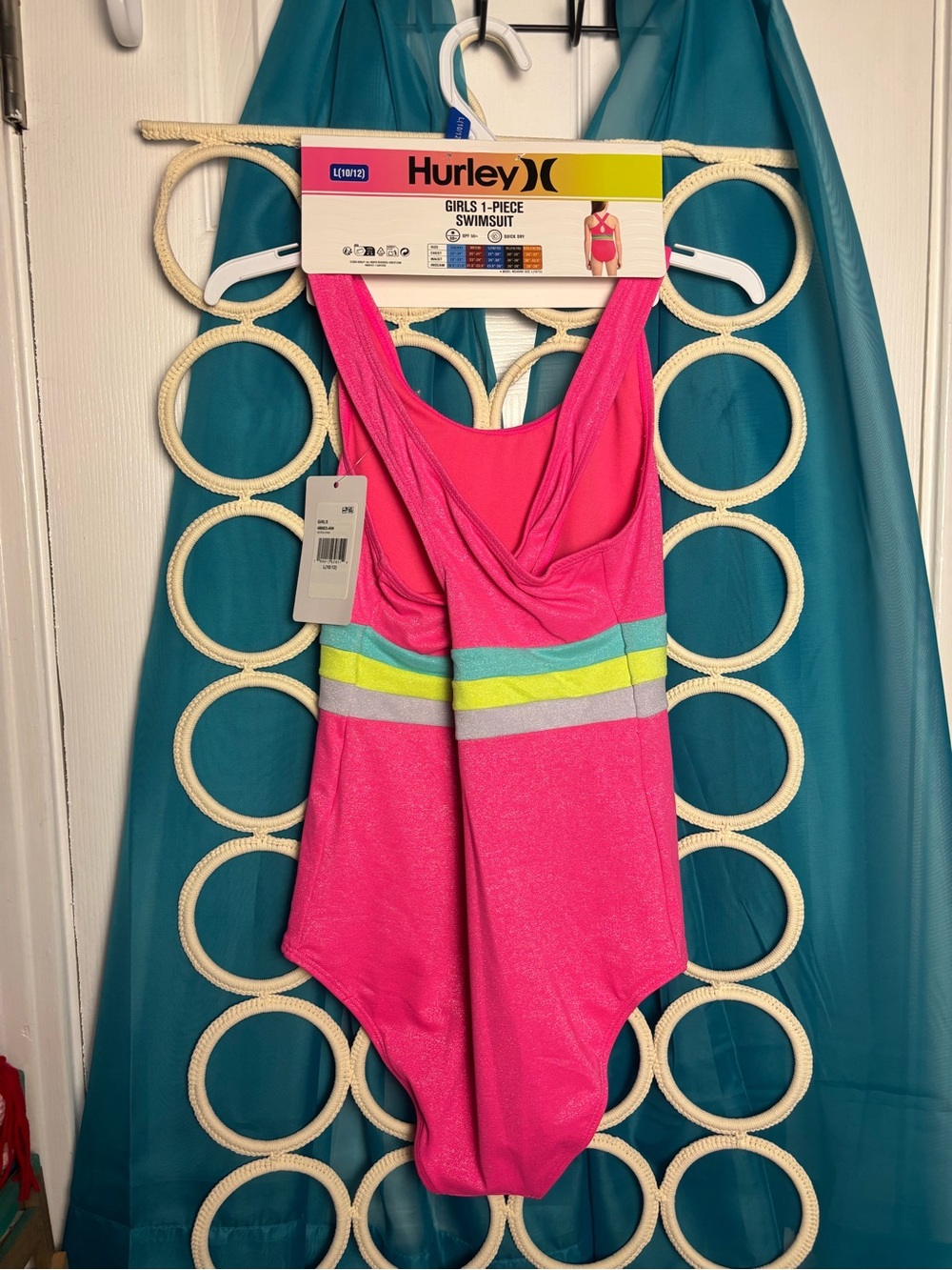 Hurley Pink Girls' One-Piece Swimsuit with Teal, Yellow & Gray Stripes Large NWT - Picture 11 of 13